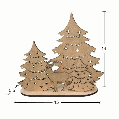 Yılbaşı Ağaçlar ve Geyik Kaideli 15x14x5 cm Ahşap Obje