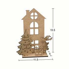 Yılbaşı Evi ve Geyik Hediye 15x11x4 cm Ahşap Obje
