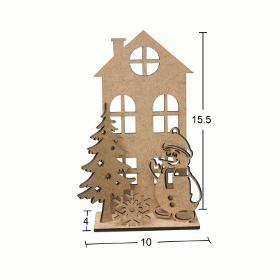 Yılbaşı Evi ve Kardan Adam 15x10x4 cm Ahşap Obje